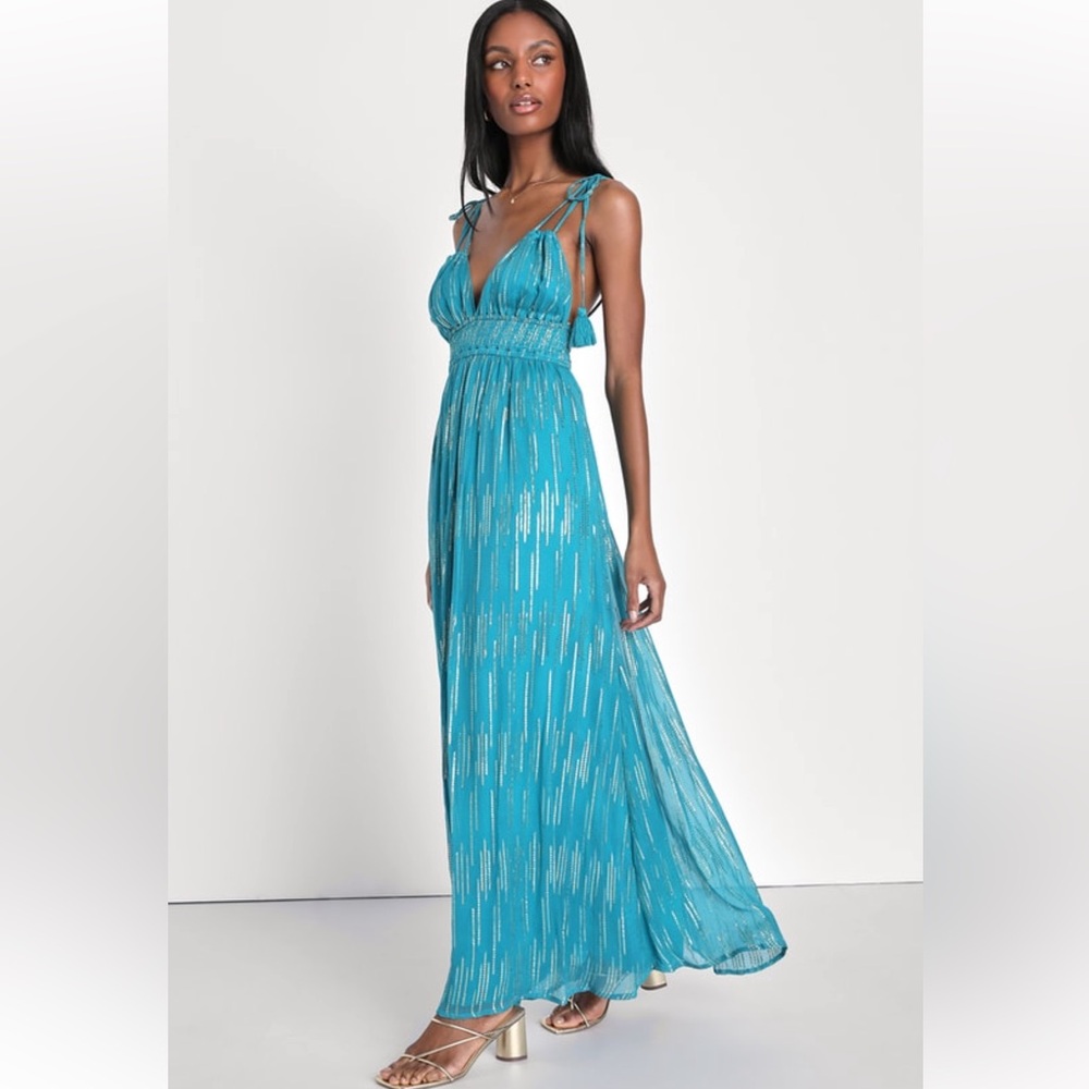 Lulus Sunshine Dreaming Teal Maxi Dress NWT